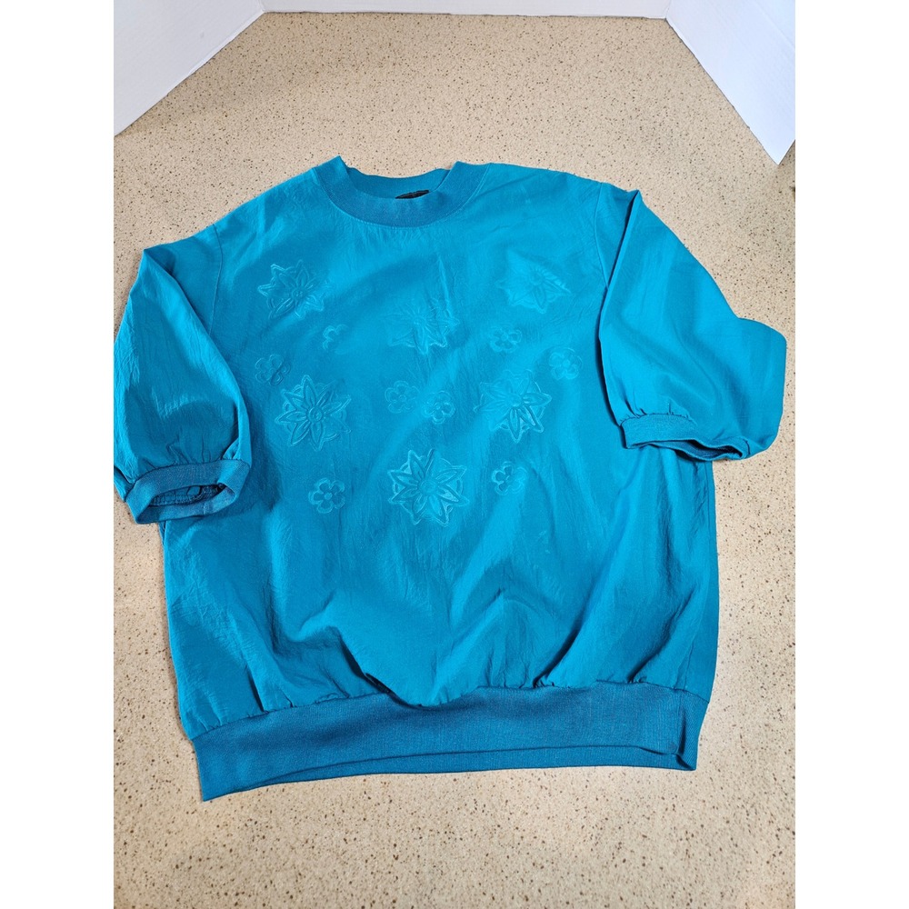 BonWorth Vintage Teal Blue Floral Embossed Short Sleeve Pullover Top Large